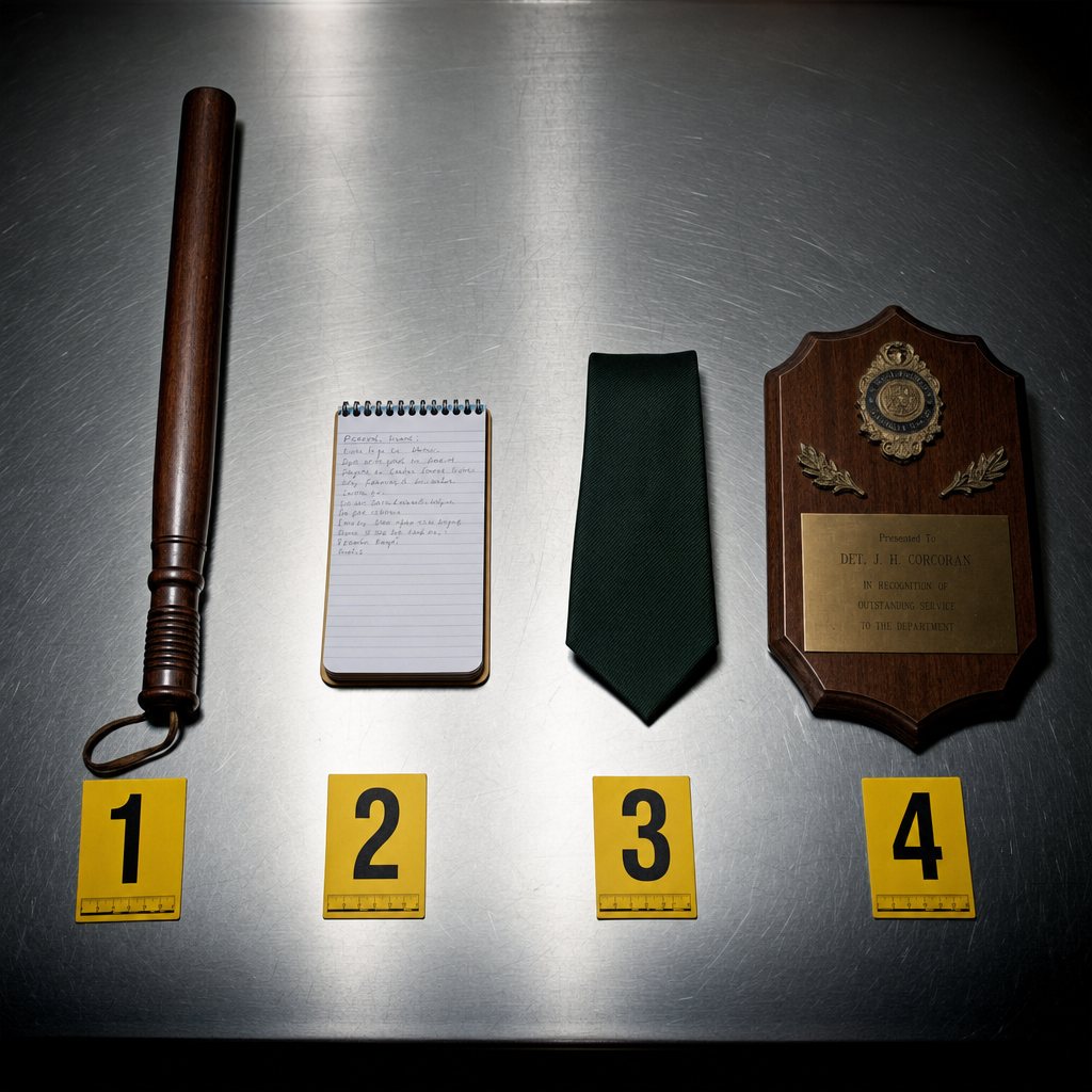 Four items laid out on a steel table with evidence markers one through four: a wooden baton, a spiral notepad, a navy necktie, and an officer's service plaque.