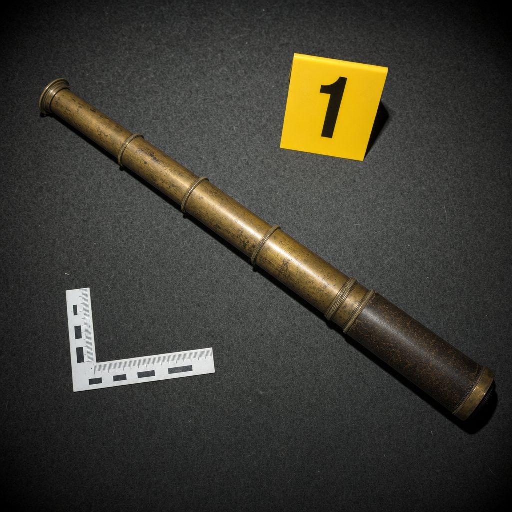 A brass spyglass laid on a dark surface beside an evidence marker numbered one and a forensic scale, photographed for the record.