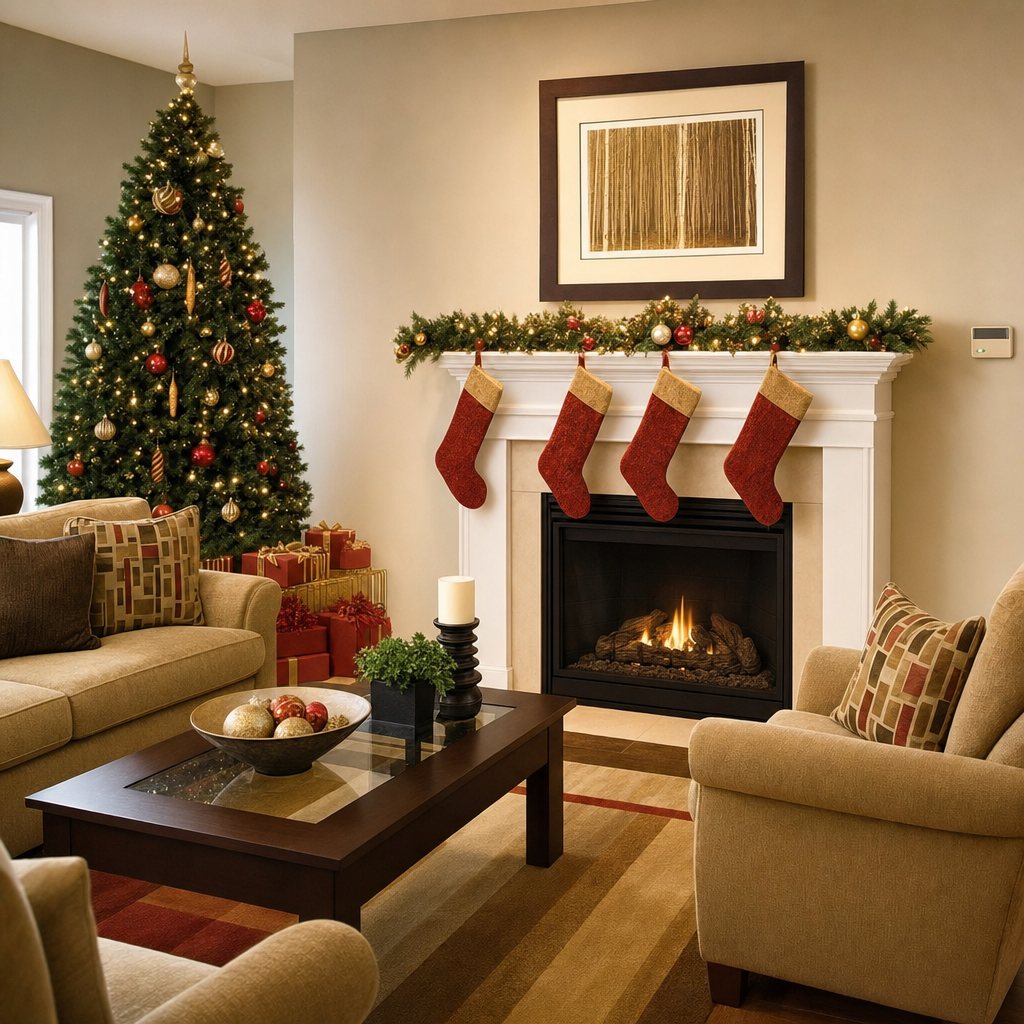 A staged photograph of a warm Meridian living room at evening: a lit hearth, a decorated tree, stockings on the mantel, and the Comfort Box on the wall. No one inside.