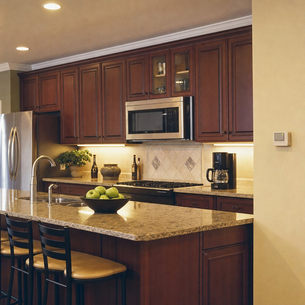 A staged photograph of a warm, empty Meridian kitchen at evening: granite island, cherry cabinets, the Comfort Box glowing on the wall.