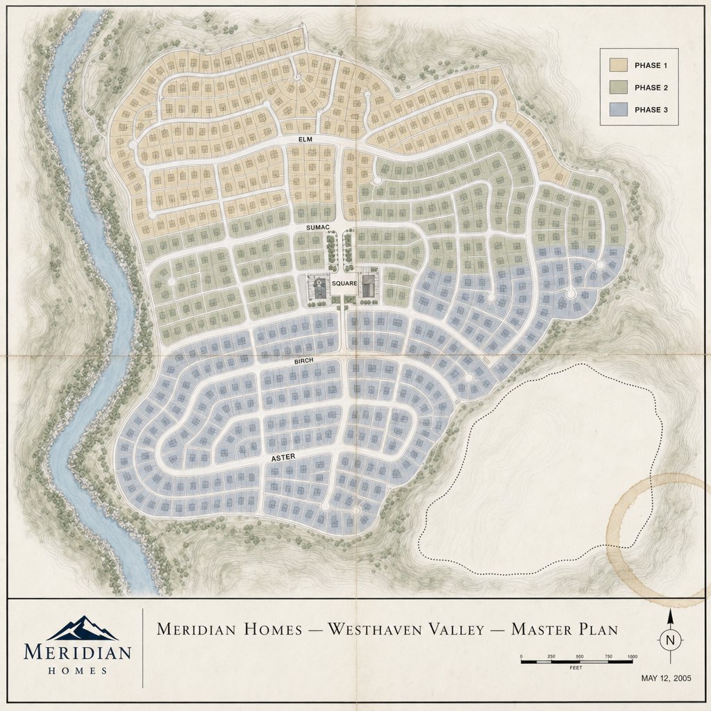 Meridian Homes 2005 master-plan lot map of the valley: hundreds of tightly packed lots colored by Phase One, Phase Two, and Phase Three, ringing the town square. At the lower-right corner, the hill parcel is left blank inside a dotted boundary.