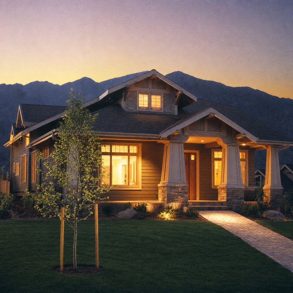 A staged dusk photograph of a Meridian craftsman house with warm gold windows lit, a young tree staked in the lawn, mountains behind.