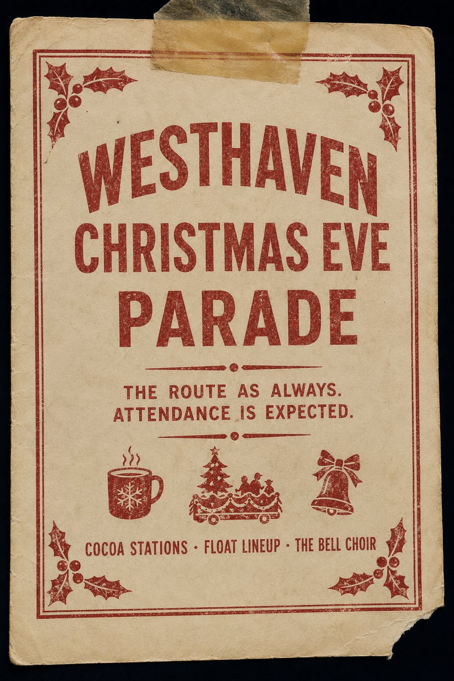 This year's parade flyer, taped up: Westhaven Christmas Eve Parade. The route as always. Attendance is expected. Cocoa stations, float lineup, the bell choir.