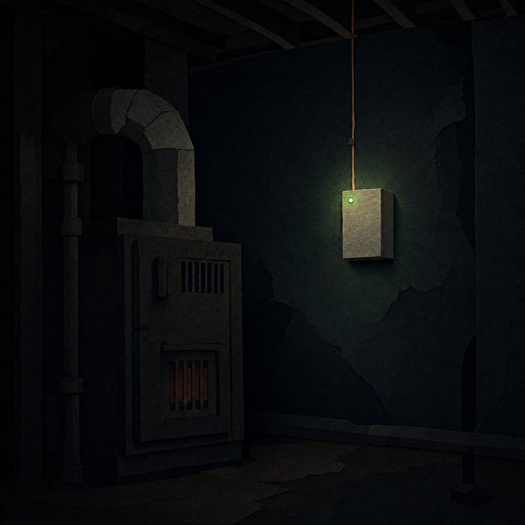 A dark basement: an old furnace glowing faintly and a Meridian Comfort Box on the wall, its single green light lit, hanging from a cord.