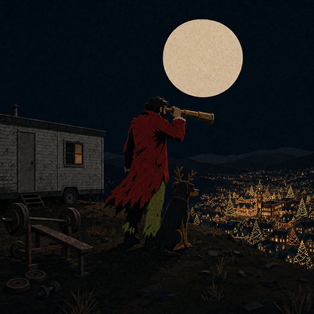 A masked figure in a red coat and green suit stands on a bare hill beside a lonely trailer
                      and a weight bench, a brass spyglass raised to one eye, watching the lit windows of the
                      valley town below. An antlered dog sits at his side under a full moon.