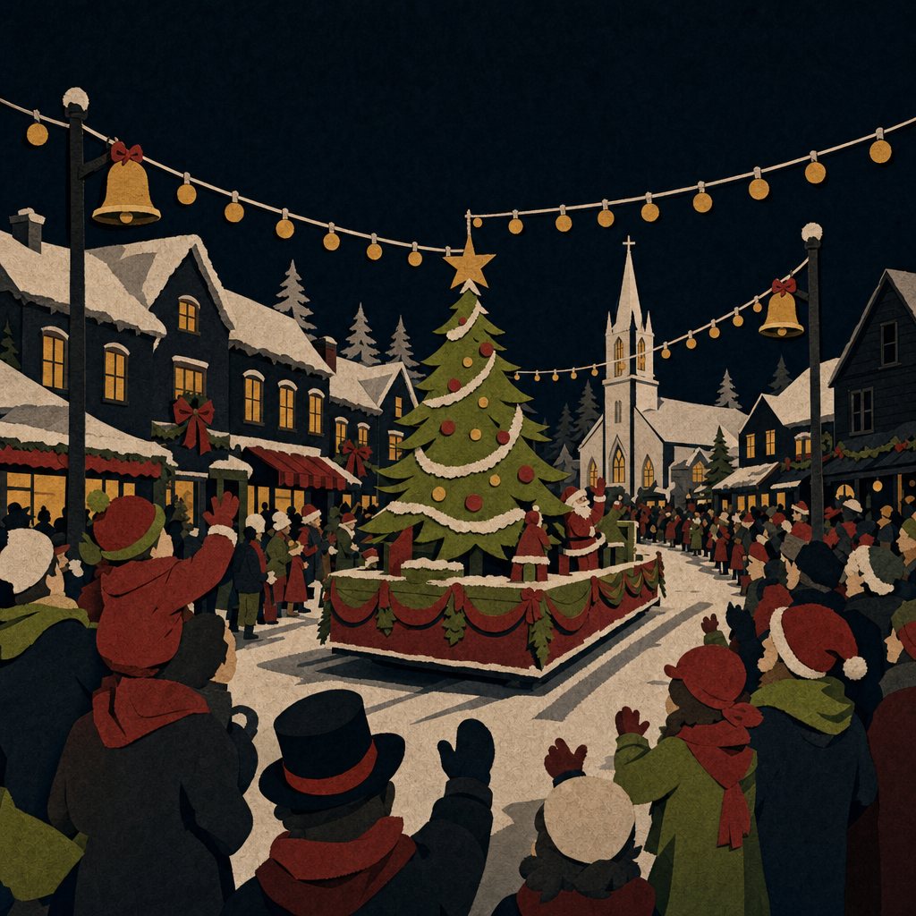 The Westhaven Christmas Eve Parade at night: a lit float carrying the town tree moves down Elm Street past a crowd in scarves, string lights and brass bells overhead.