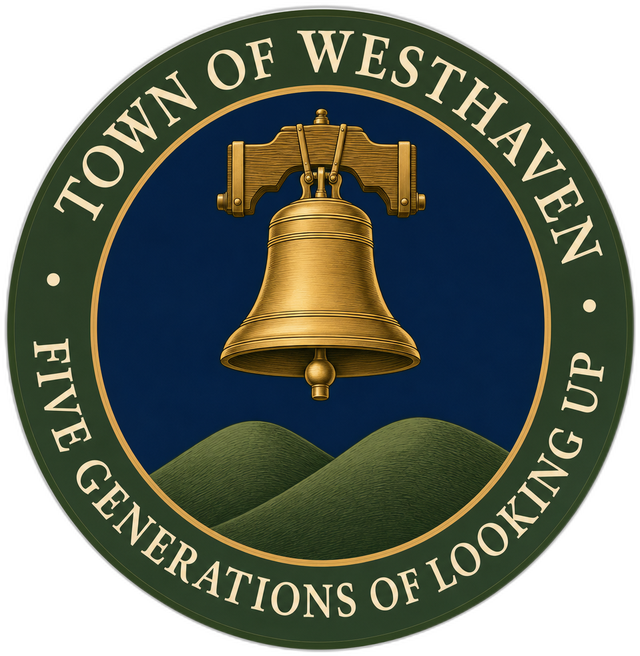 The Town of Westhaven seal: a brass bell over green hills, ringed with the town name and the motto Five Generations of Looking Up.