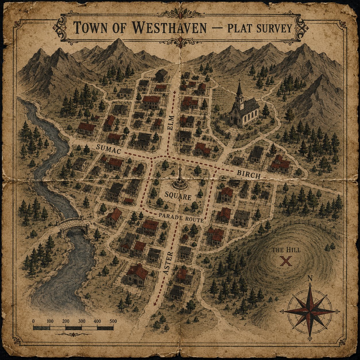 Town of Westhaven plat survey. Elm, Sumac, Birch, and Aster streets around the square, the parade route marked in a dotted line, and the hill above town marked with an X.